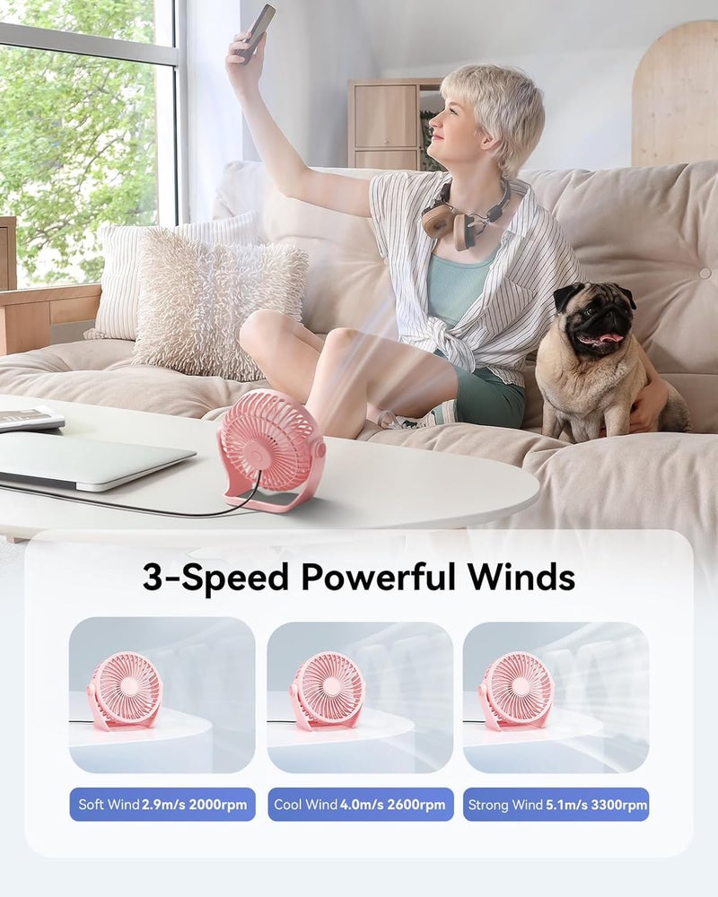 Edvision USB Desk Fan, 5 Inch Small Portable, 3 Speeds Powerful Wind Mini Personal Desktop Fan 360° Rotation Adjustable, Plug In USB Fan Quiet for Table Home Office Travel Car(Pink) - Image 4